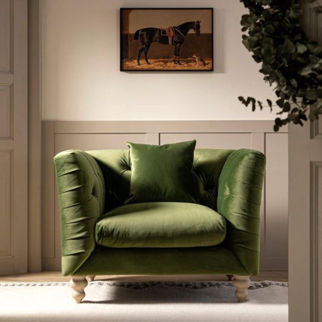Mid Century Olive Green Armchair front view in a vintage modern living room