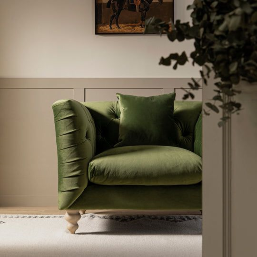 Mid Century Olive Green Armchair close up