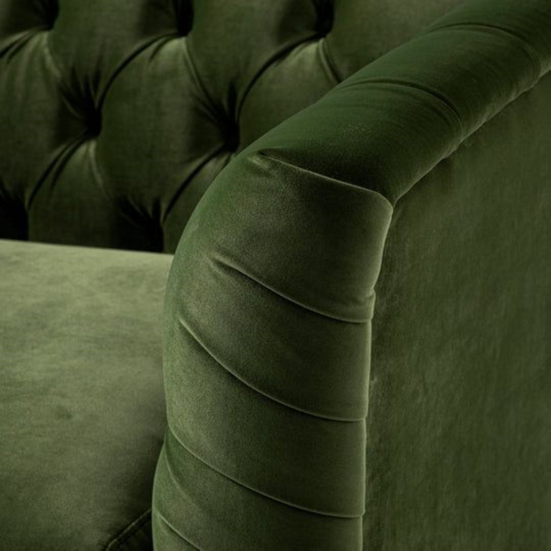 Mid Century Olive Green Armchair close up of the velvet material