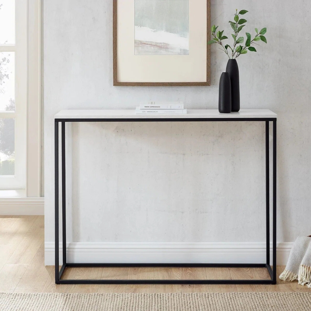 Minimalist White Skinny Console Table, set in a modern home hallway.