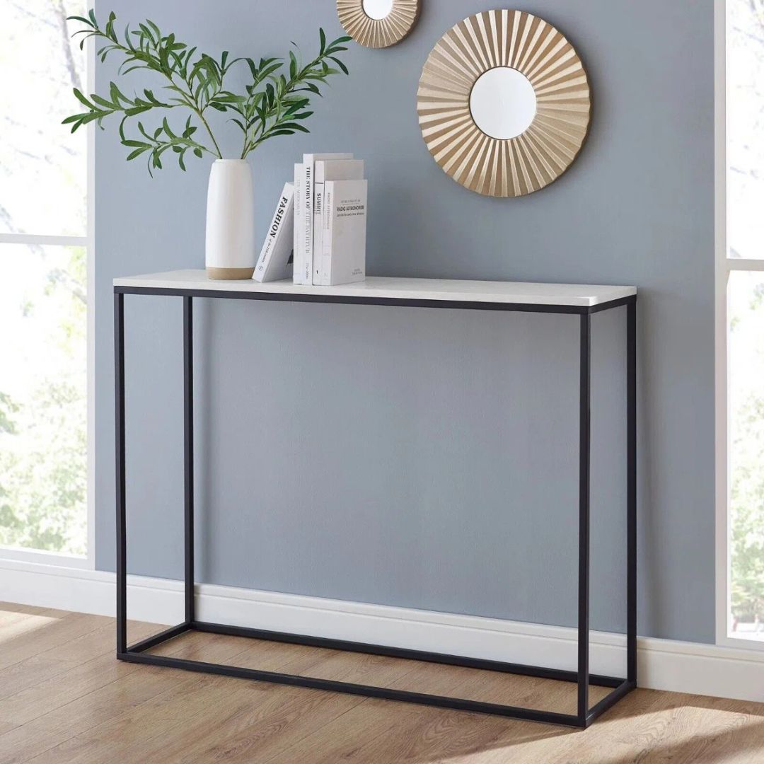 Minimalist White Skinny Console Table, set in a modern home, angled view.