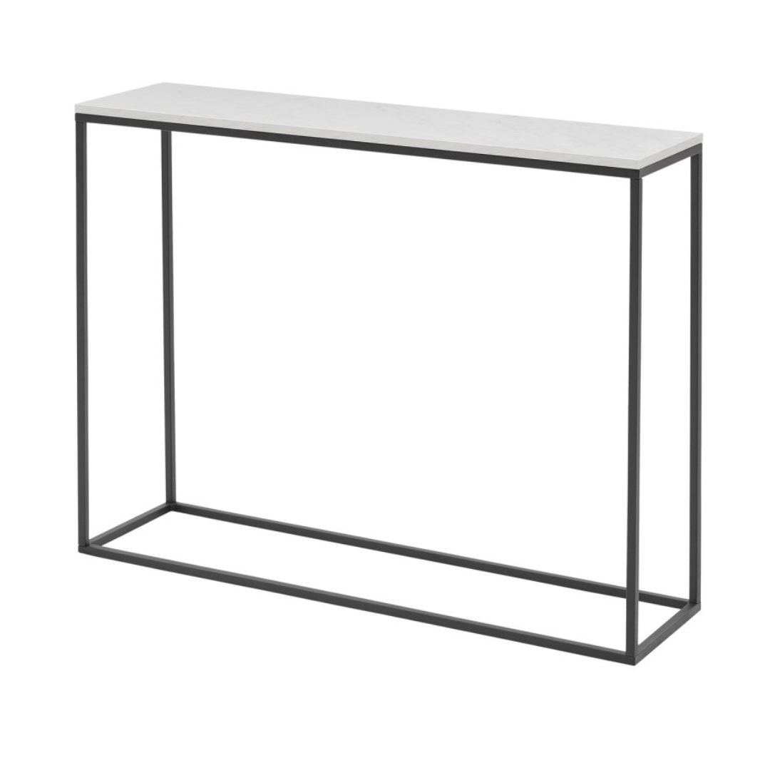Minimalist White Skinny Console Table, white background.