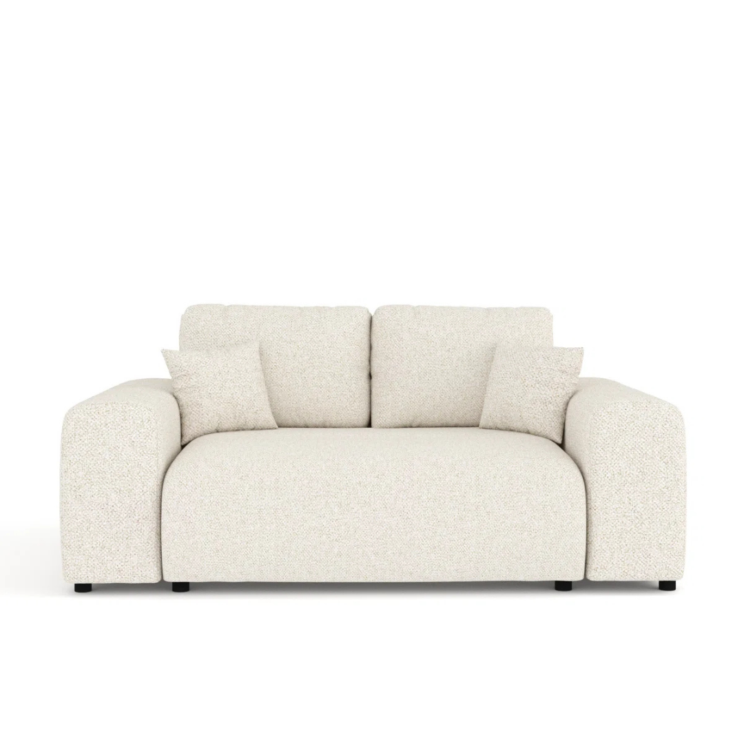 Modern 2-Seater Cream Boucle Sofa, white background, front view.