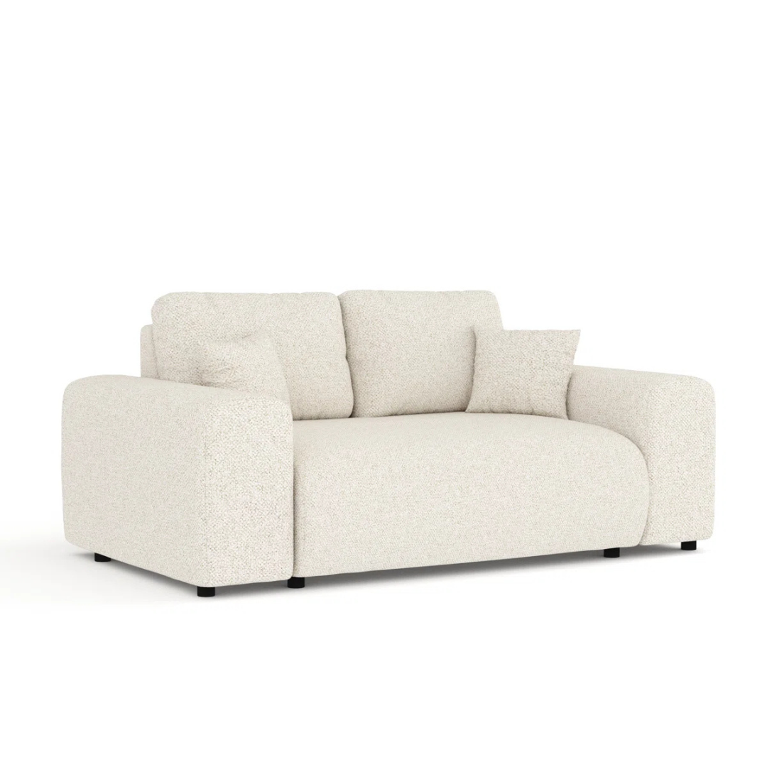 Modern 2-Seater Cream Boucle Sofa, white background, angled view.