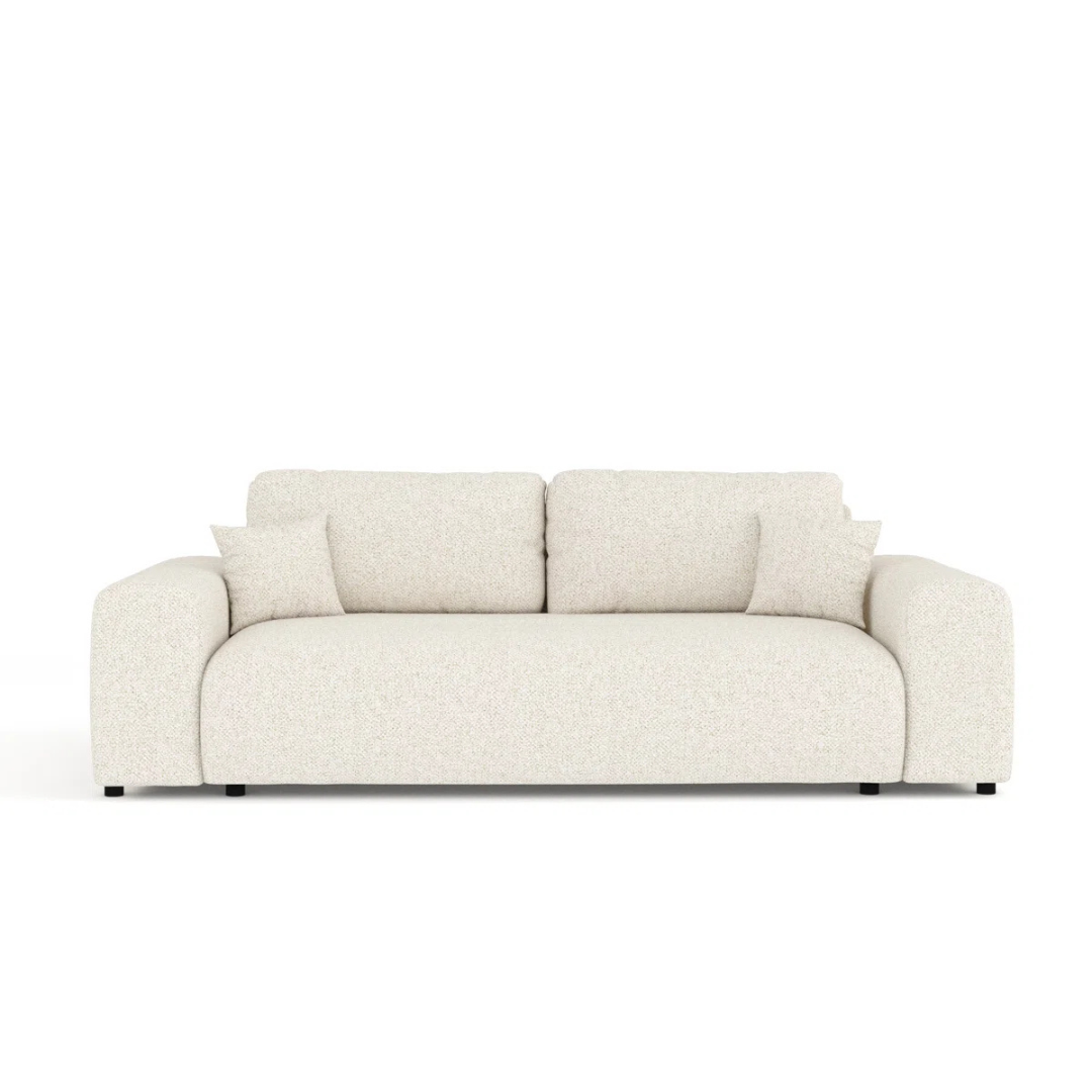 Modern 3-Seater Cream Boucle Sofa, white background front view.