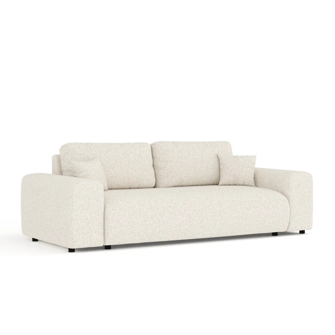 Modern 3-Seater Cream Boucle Sofa, white background, angled view.