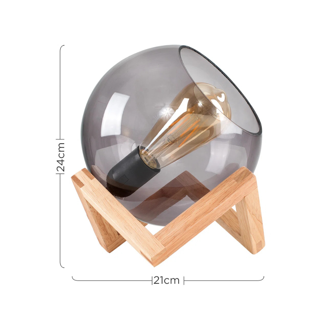 Smoked glass lamp with wooden base and dimensions on a white background