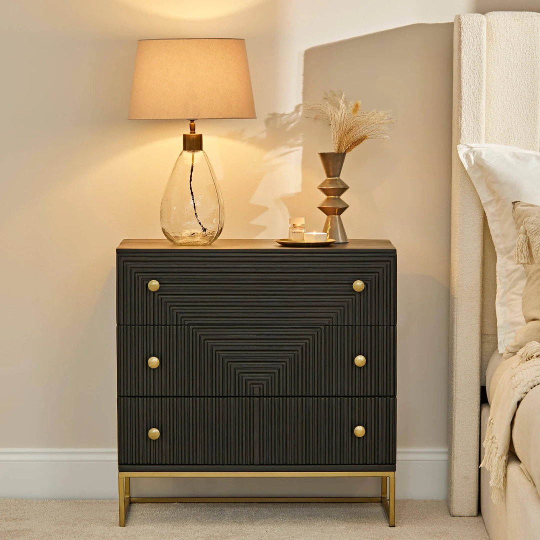 Modern Aztec Black Bedroom Drawers, front view in a modern bedroom.