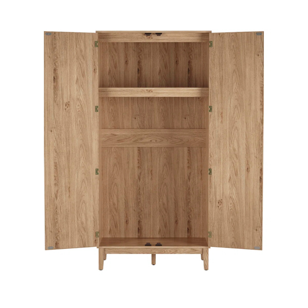 Wooden wardrobe with open doors on a white background
