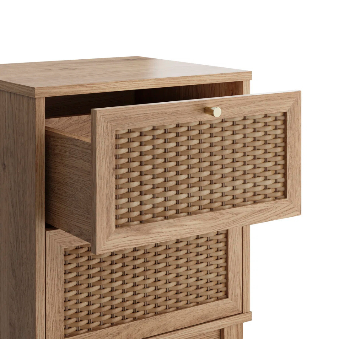 Modern Boho Rattan Bedside Cabinet, close up of rattan design drawers.