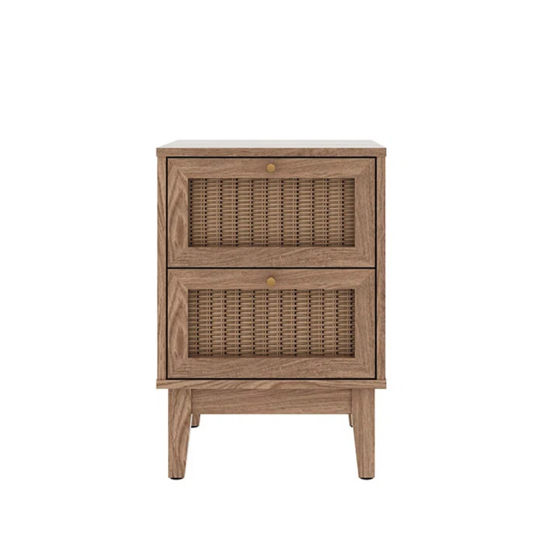 Modern Boho Rattan Bedside Cabinet, white background, front view.