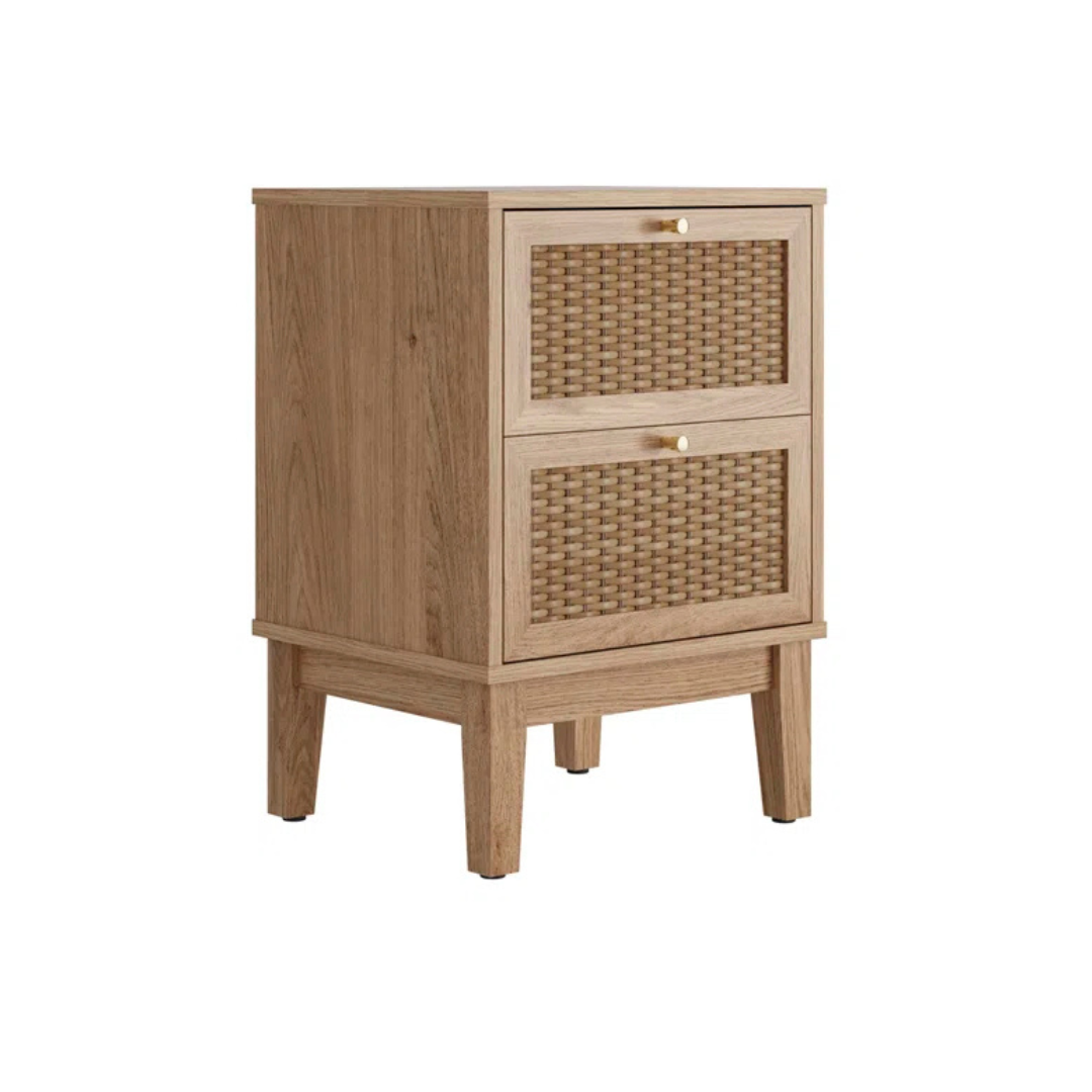 Modern Boho Rattan Bedside Cabinet, white background, angled view.