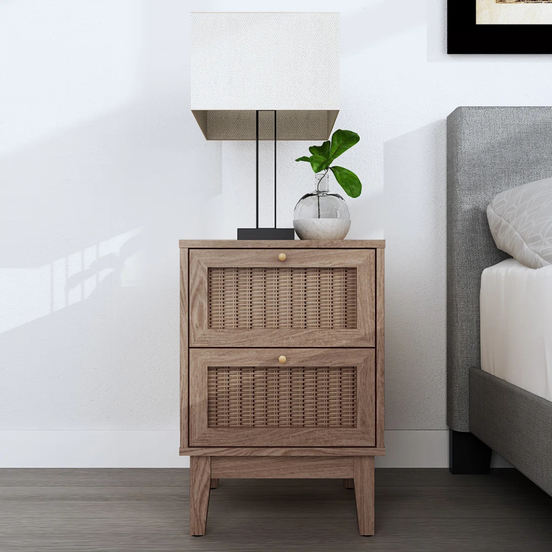 Modern Boho Rattan Bedside Cabinet, set in modern bedroom.