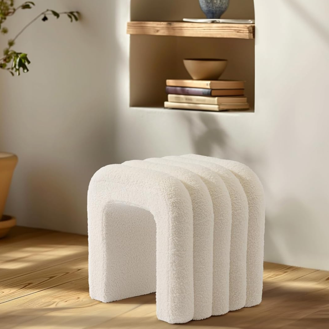 Modern Boucle Ottoman Stool, set in a modern model home.