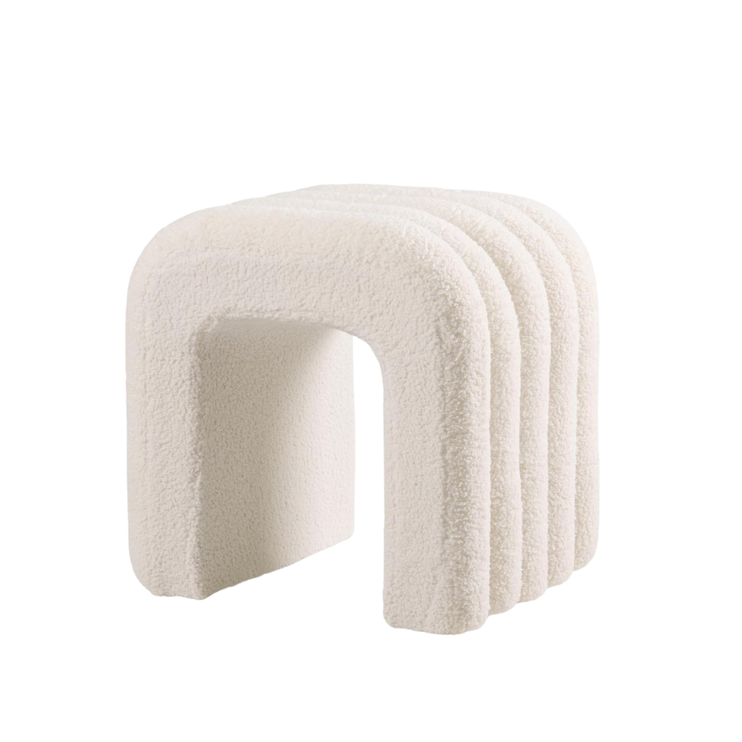Modern Boucle Ottoman Stool, white background.