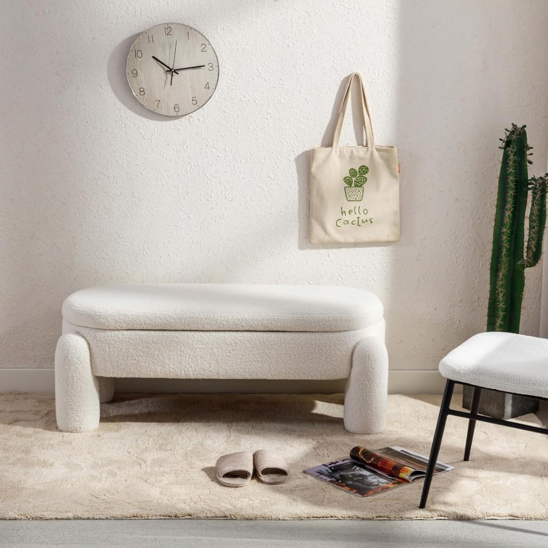 Modern Boucle White Ottoman With Storage, set in a model home.