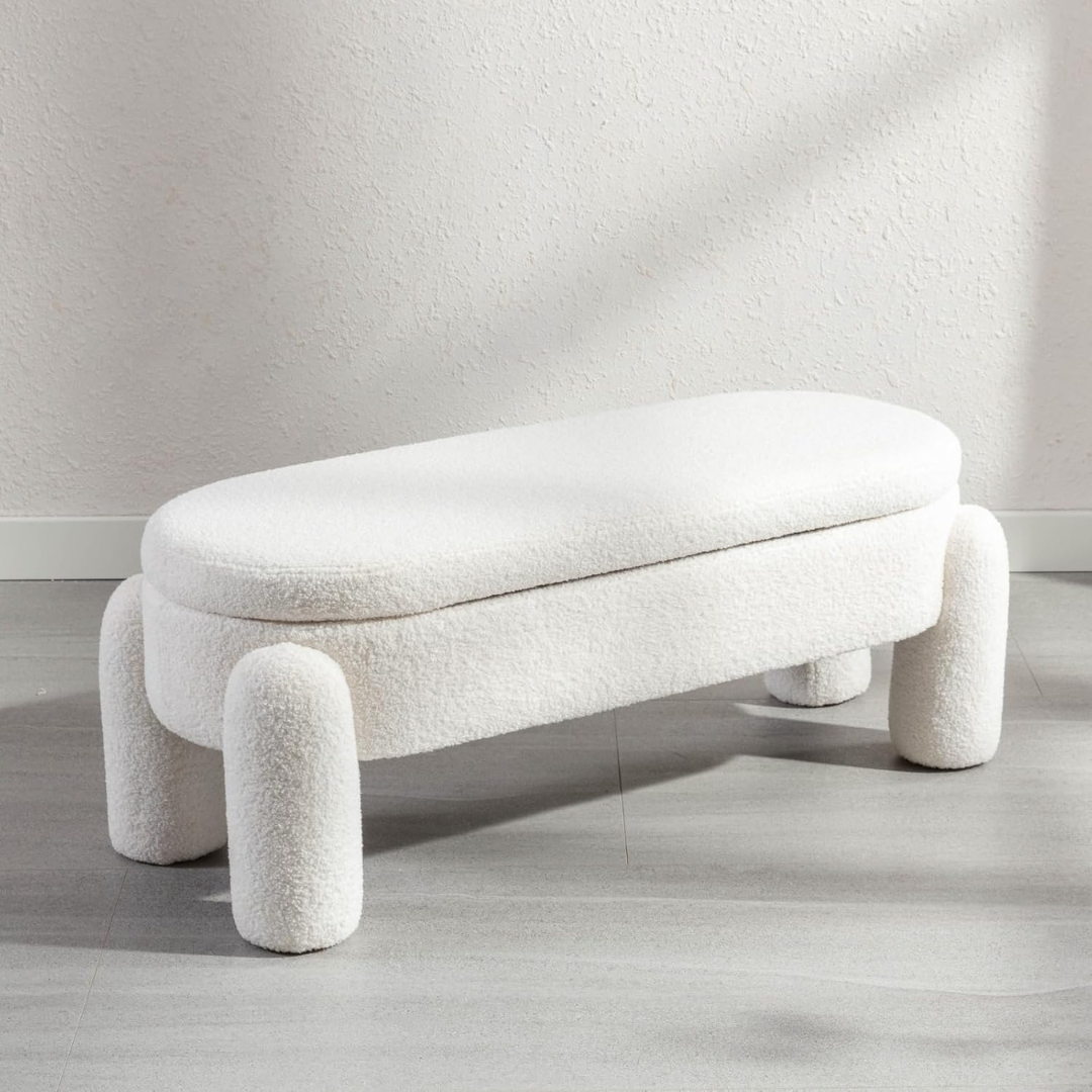 Modern Boucle White Ottoman With Storage, set in a modern home, angled view.