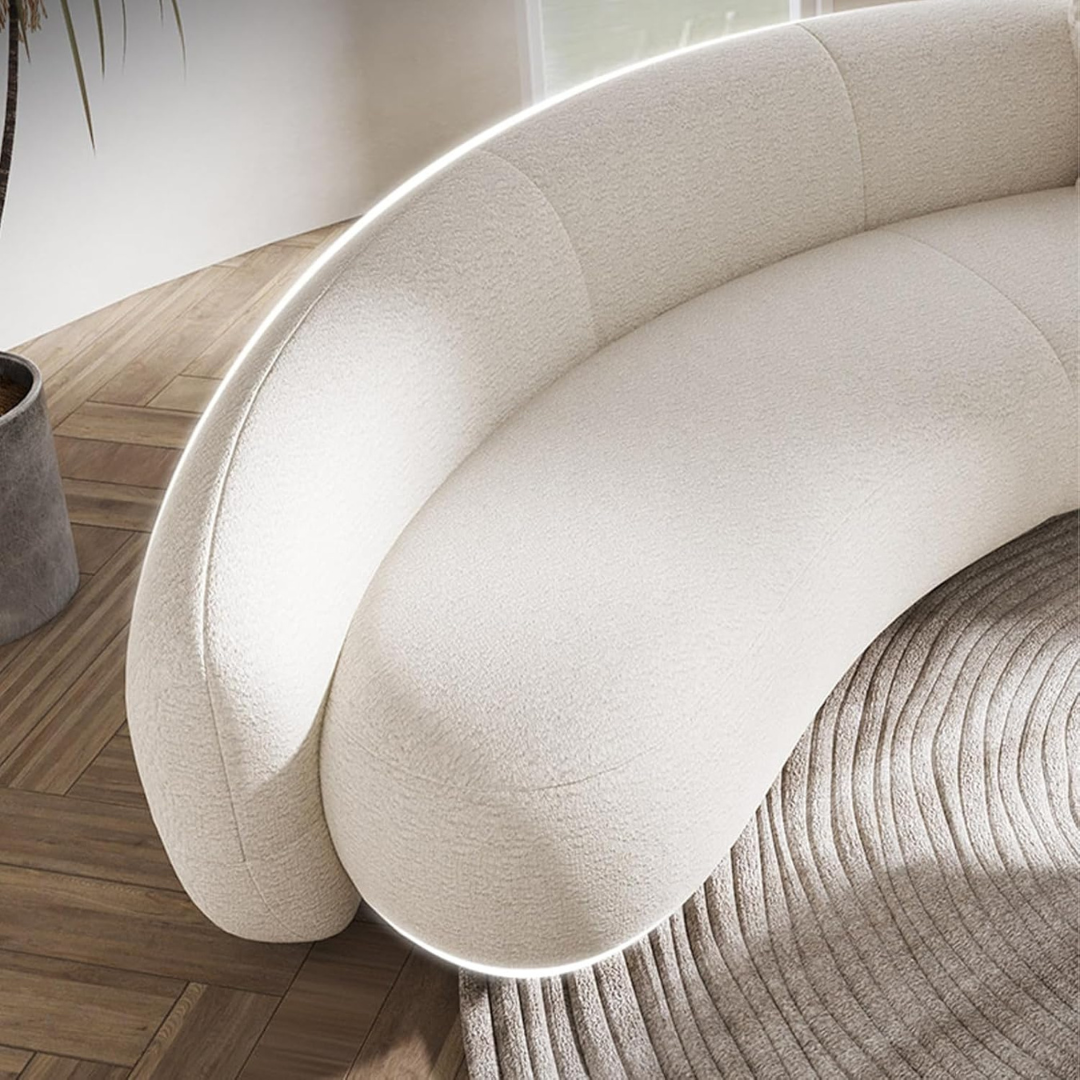 Modern Curved White Boucle Sofa, close up of boucle design.