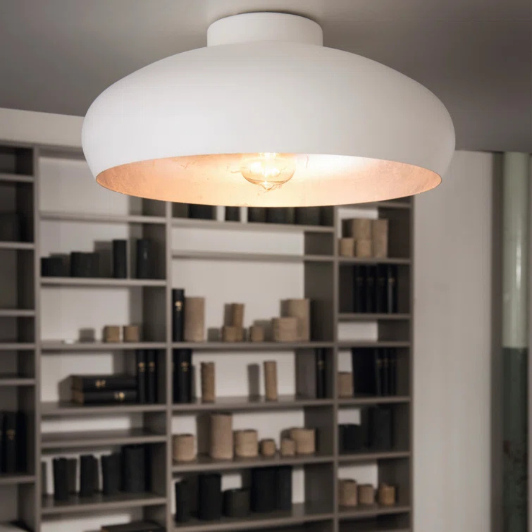White ceiling light fixture in a room with shelves in the background