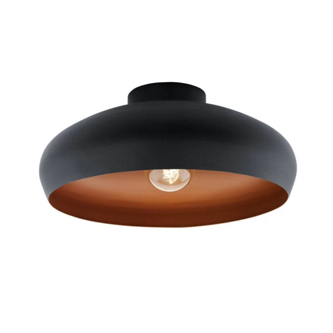 Black ceiling light fixture with a warm interior on a white background