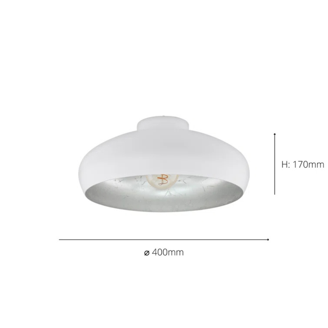 White ceiling light fixture with dimensions on a white background