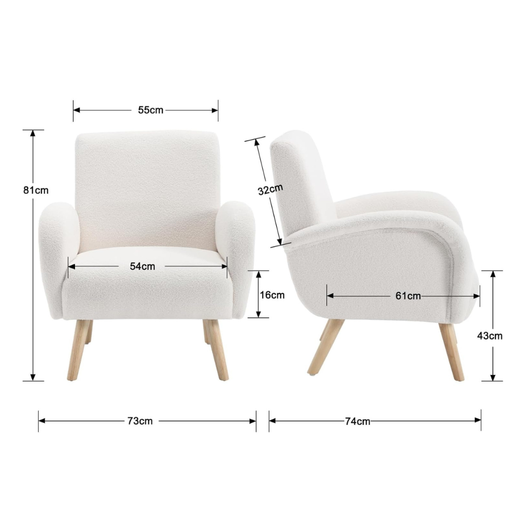 modern faux fur armchair with high back and rounded arms, dimensions.