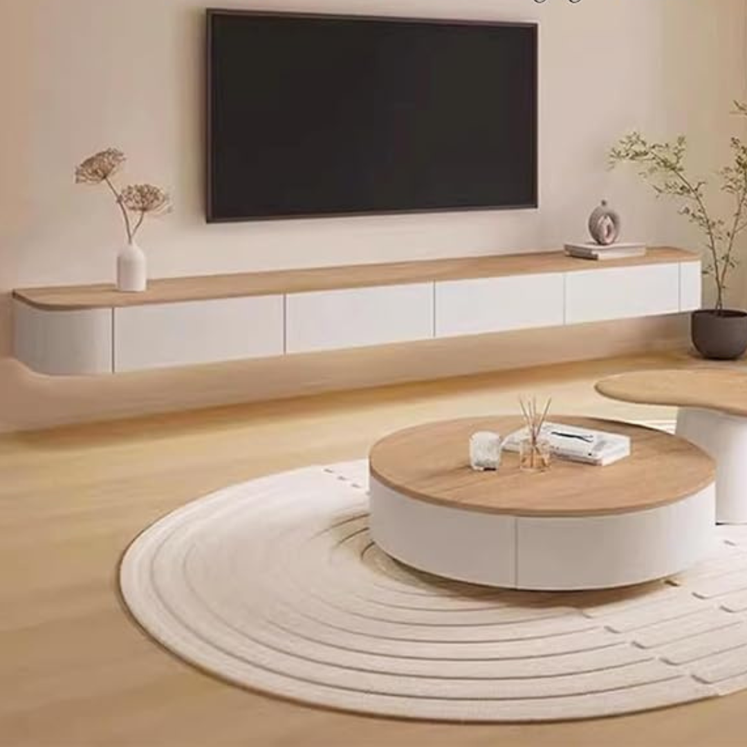 Modern Floating TV Wall Unit, set in a modern home, front view.