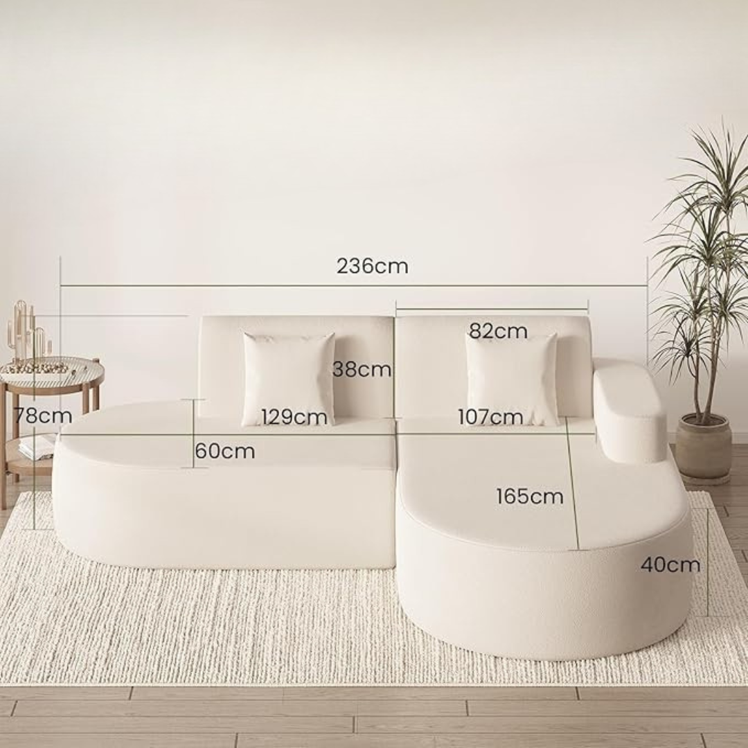 White chair with dimensions marked on a neutral background