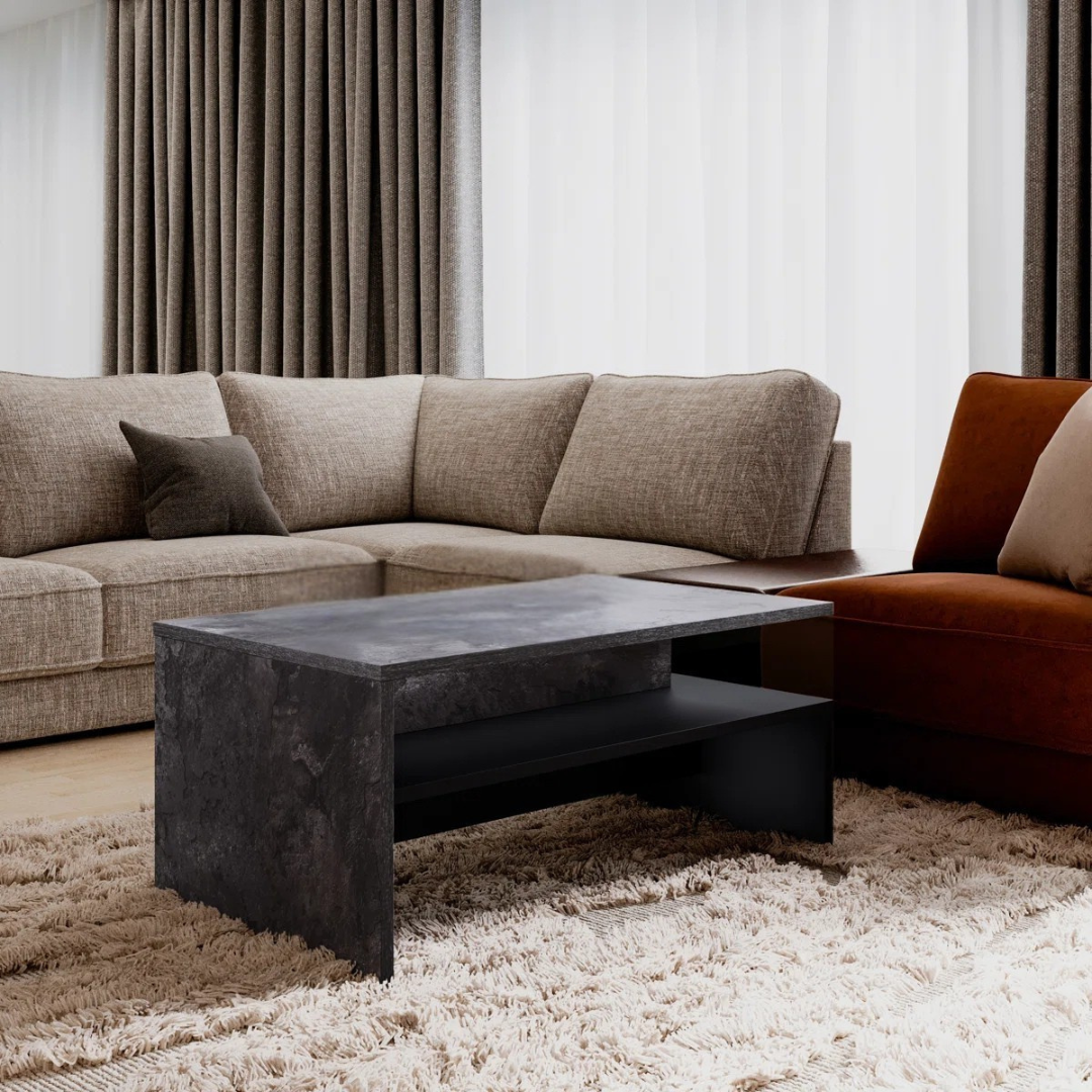 Rectangular marble effect coffee table with open shelf, set in a mid-century styled home.