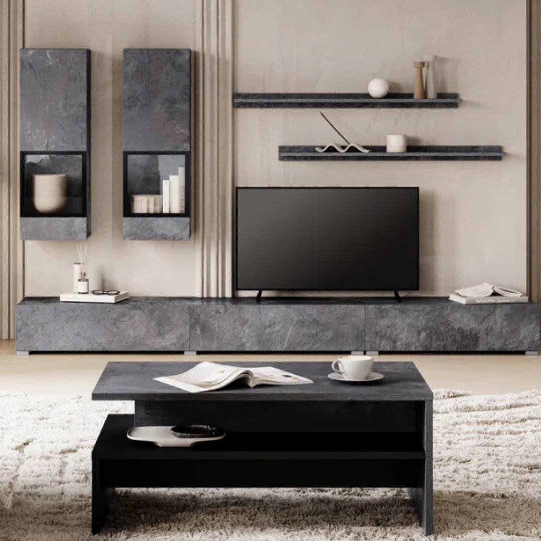 Rectangular marble effect coffee table with open shelf, set in a modern home.