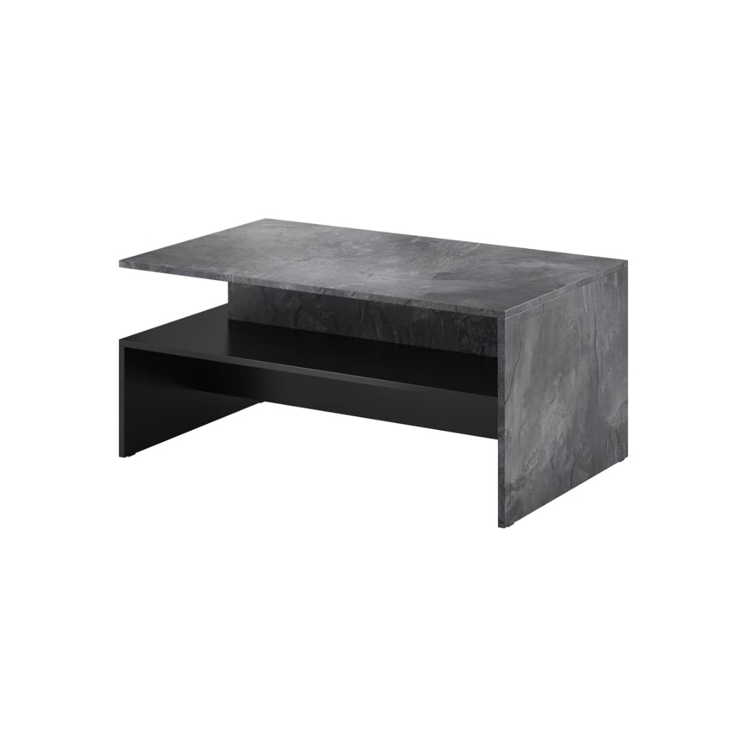 Rectangular marble effect coffee table with open shelf, white background, angled view.