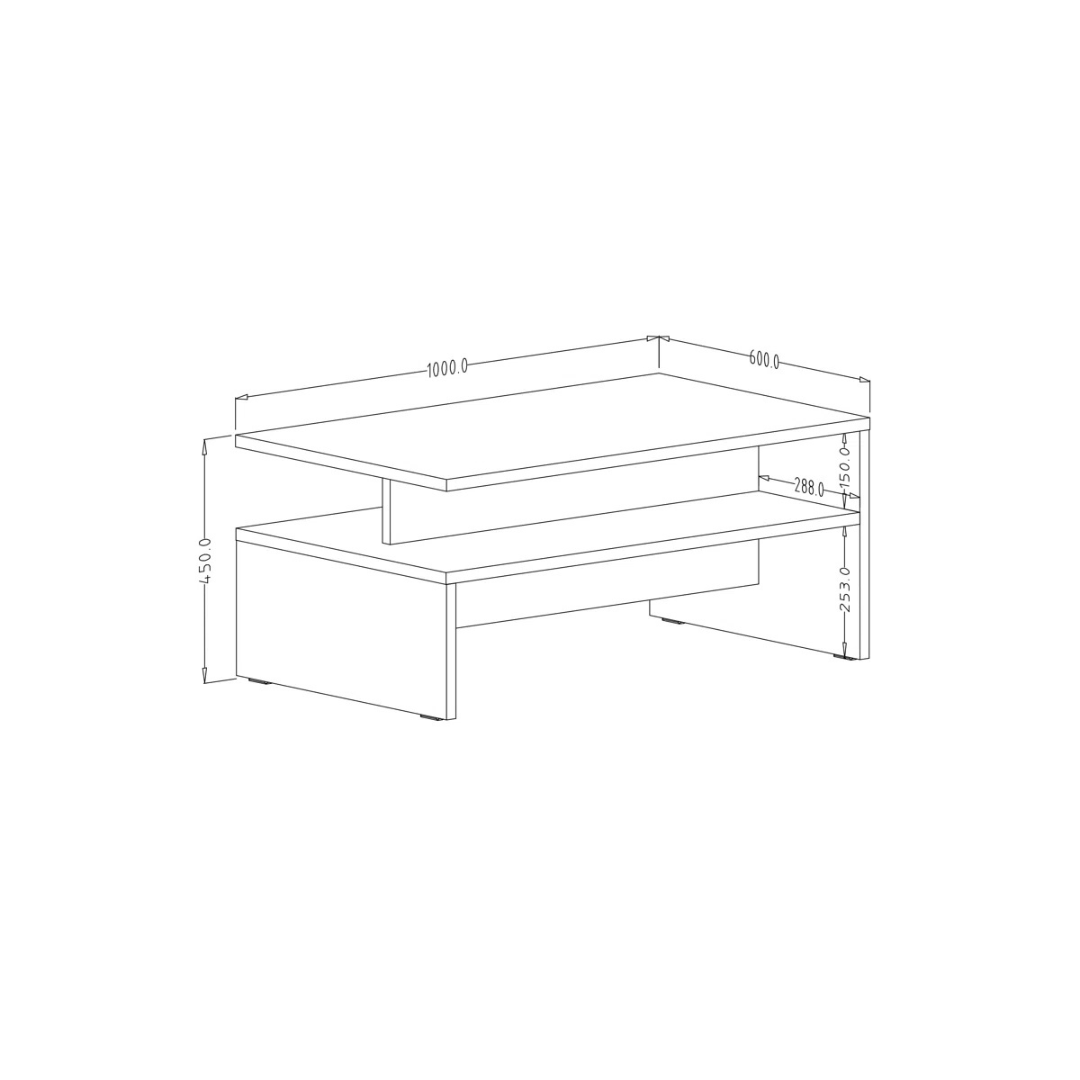 Rectangular marble effect coffee table with open shelf, dimensions.