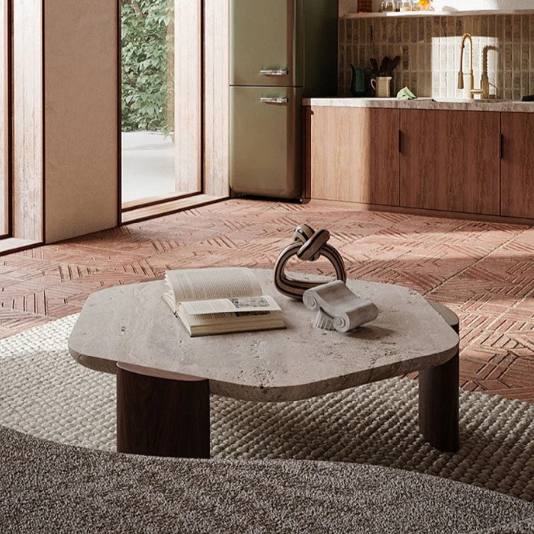 modern marble luxury coffee table with sculpted wood legs, set in a mid century dining area.