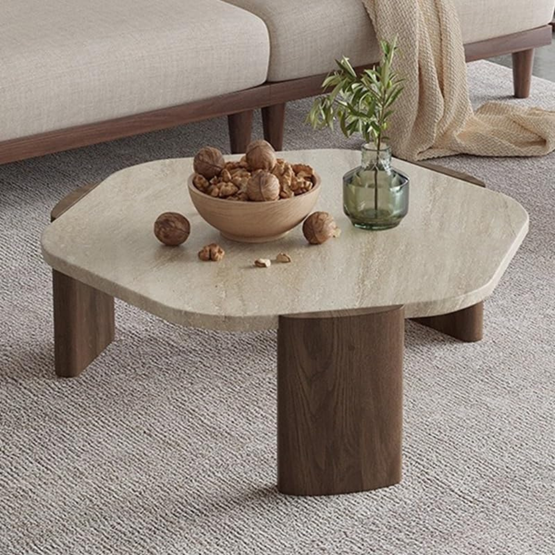 modern marble luxury coffee table with sculpted wood legs, angled view to highlight the legs.
