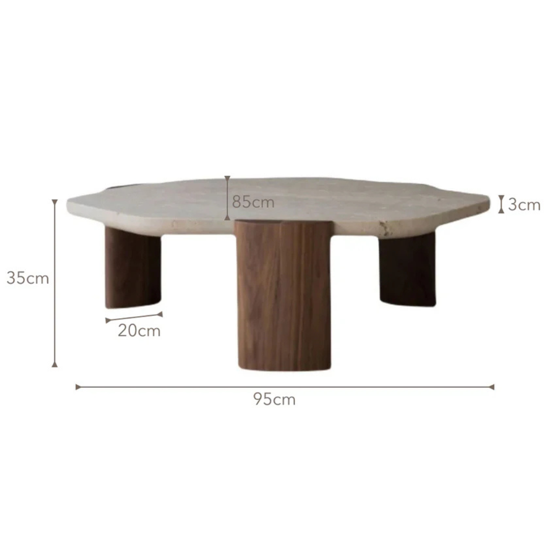 modern marble luxury coffee table with sculpted wood legs, dimensions.