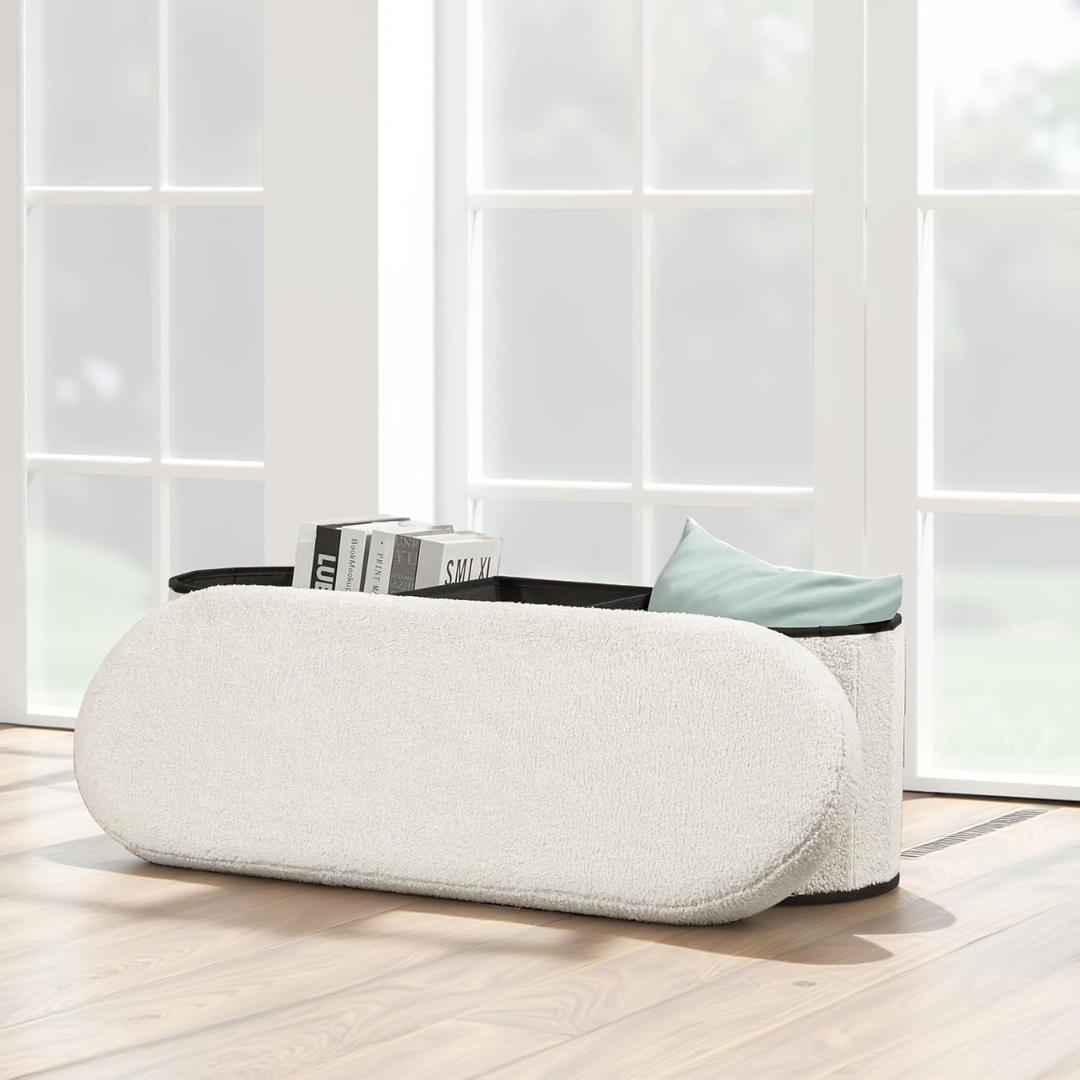 Modern Oval Boucle Storage Ottoman, white, set in a modern home.