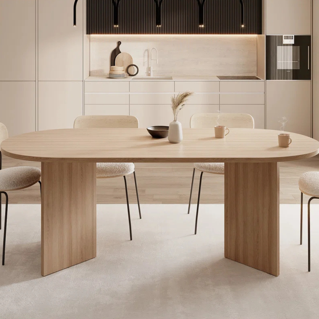Modern Oval Wooden Dining Table, side view in a modern home.