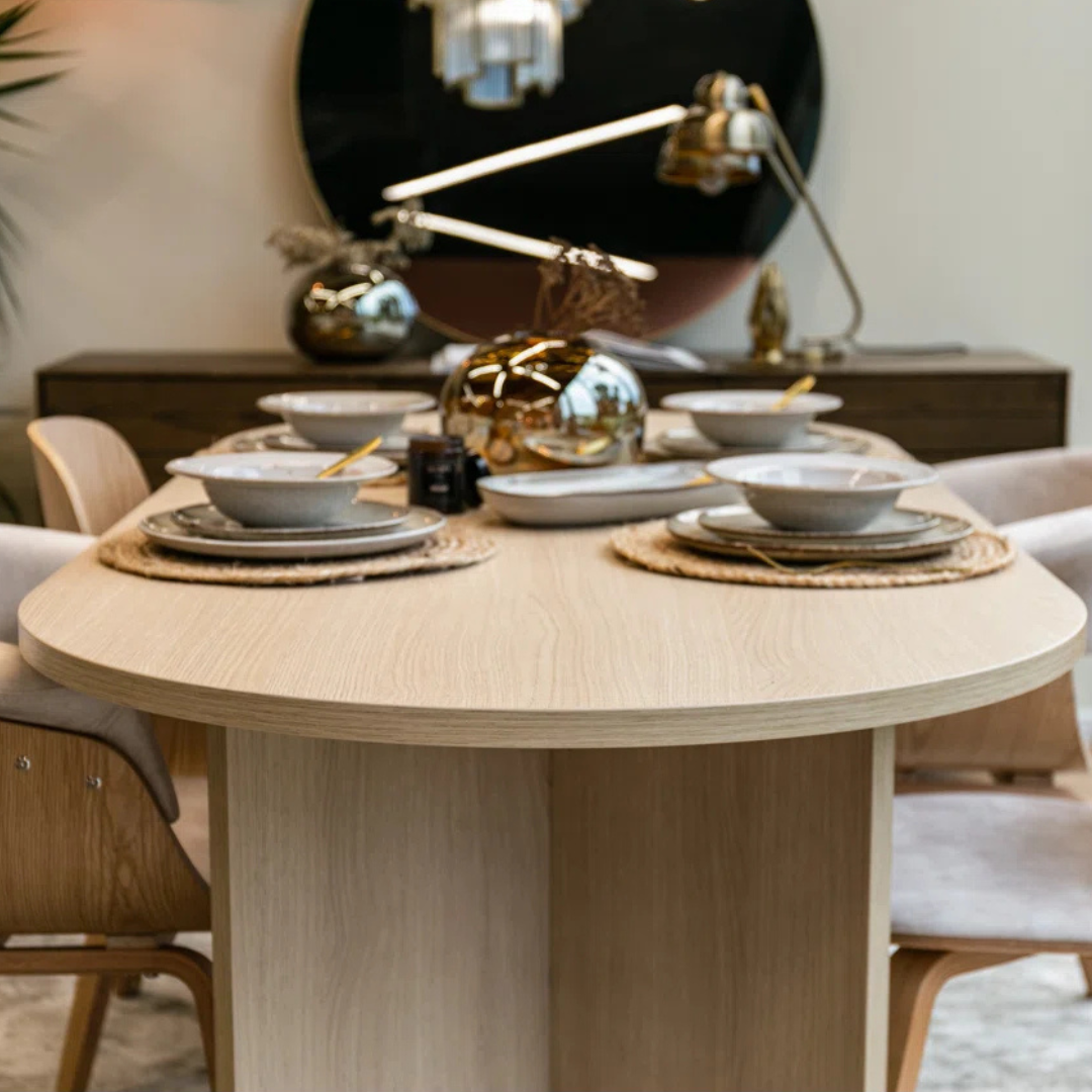 Modern Oval Wooden Dining Table, face view in a modern home.