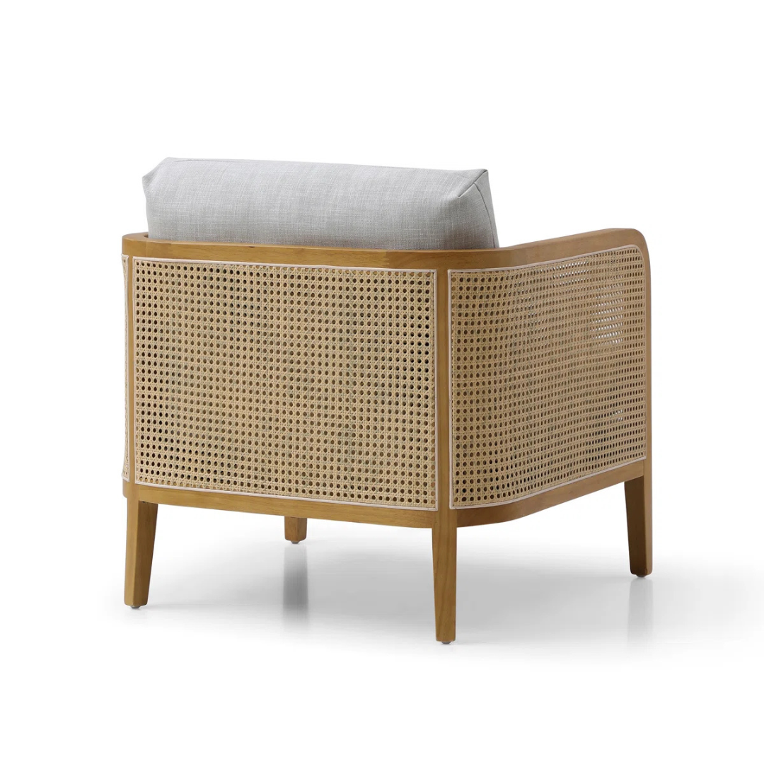 modern rattan armchair with curved wood arms and woven sides, white background, backview