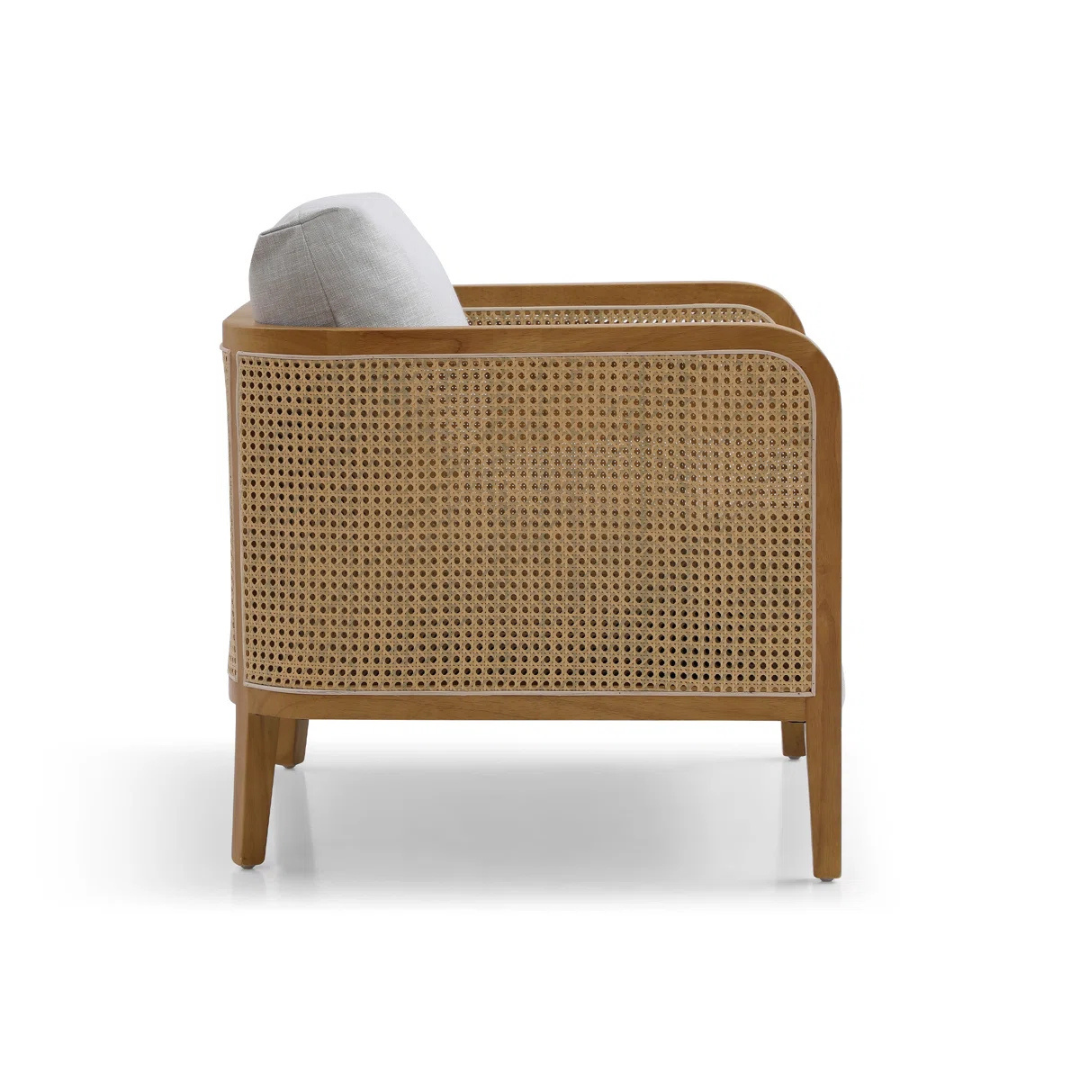 modern rattan armchair with curved wood arms and woven sides, white background, side view.