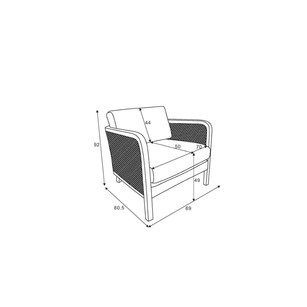 modern rattan armchair with curved wood arms and woven sides, dimensions.
