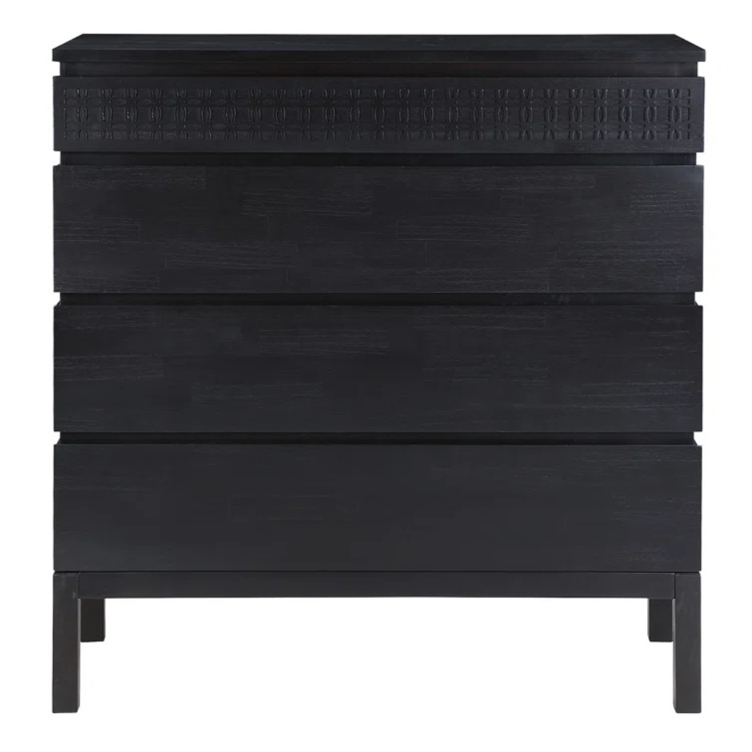 Modern Solid Black Wooden Chest Of Drawers, white background, front view.