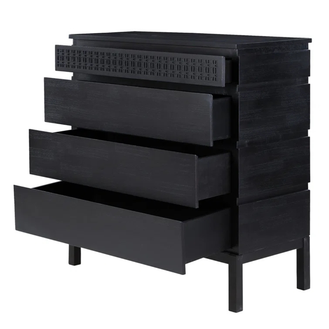 Modern Solid Black Wooden Chest Of Drawers, white background, with drawers open.