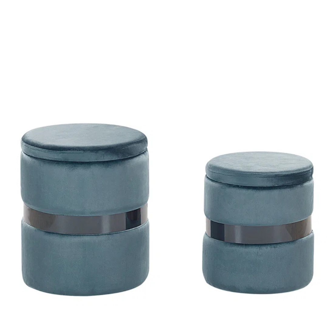 Modern Velvet Ottoman With Storage Set Of 2, blue with lids closed.