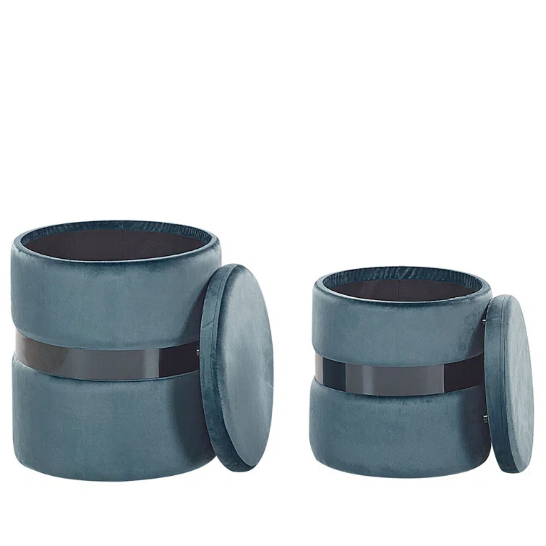 Modern Velvet Ottoman With Storage Set Of 2, blue with lids open.