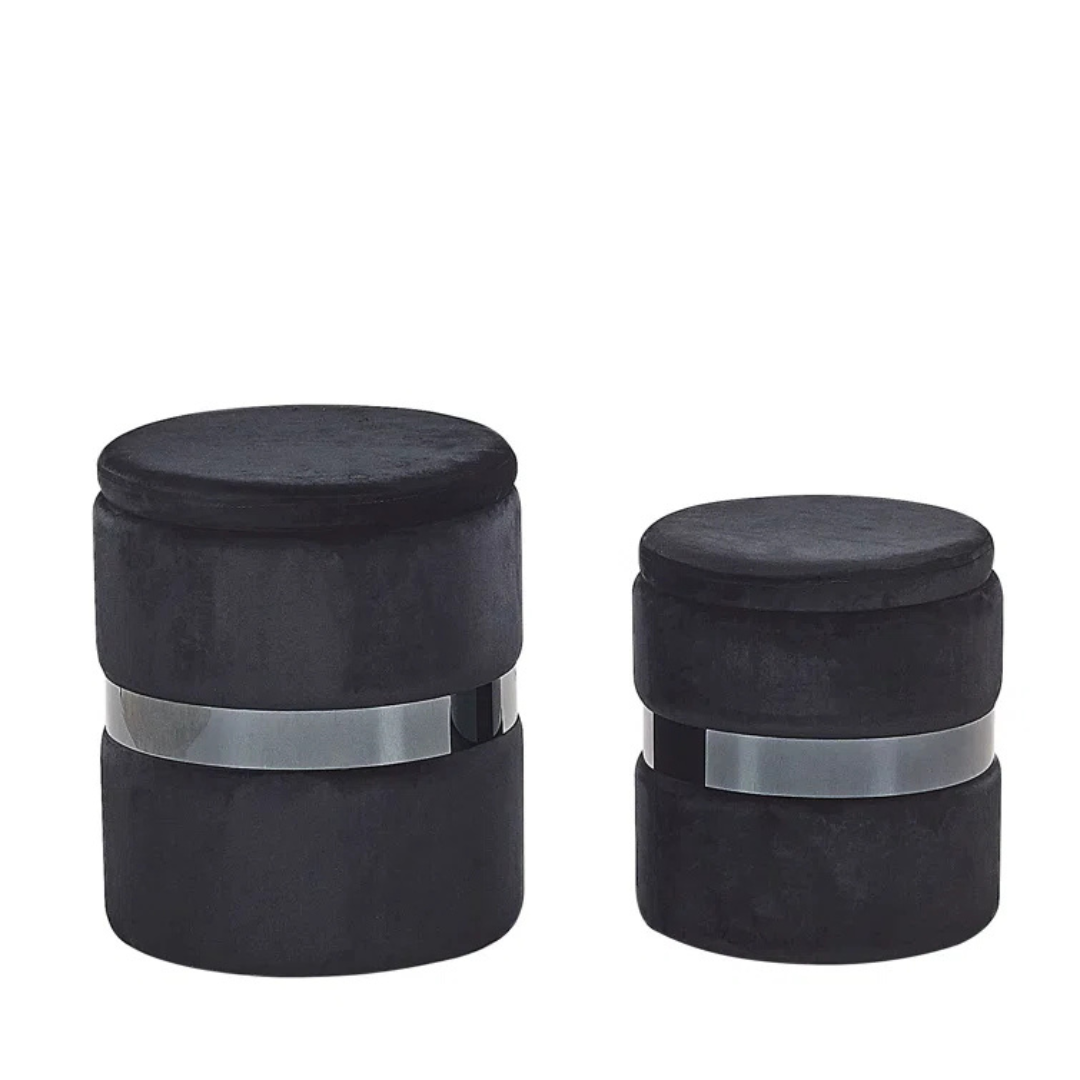 Modern Velvet Ottoman With Storage Set Of 2, black with lids closed.
