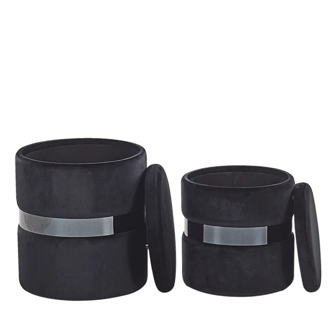 Modern Velvet Ottoman With Storage Set Of 2, black, with lids open.