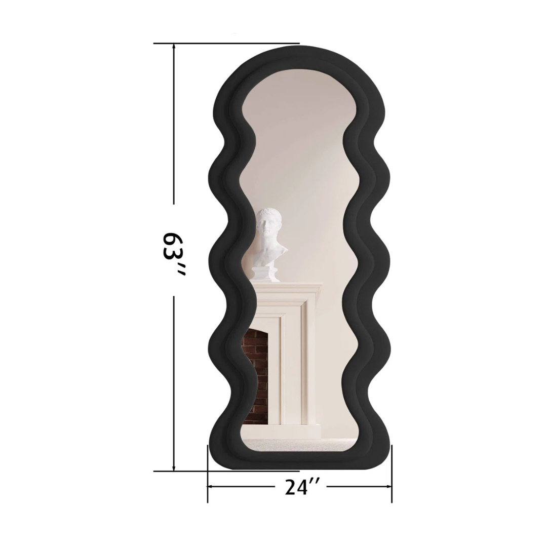 Decorative mirror with wavy black frame and measurements on a white background