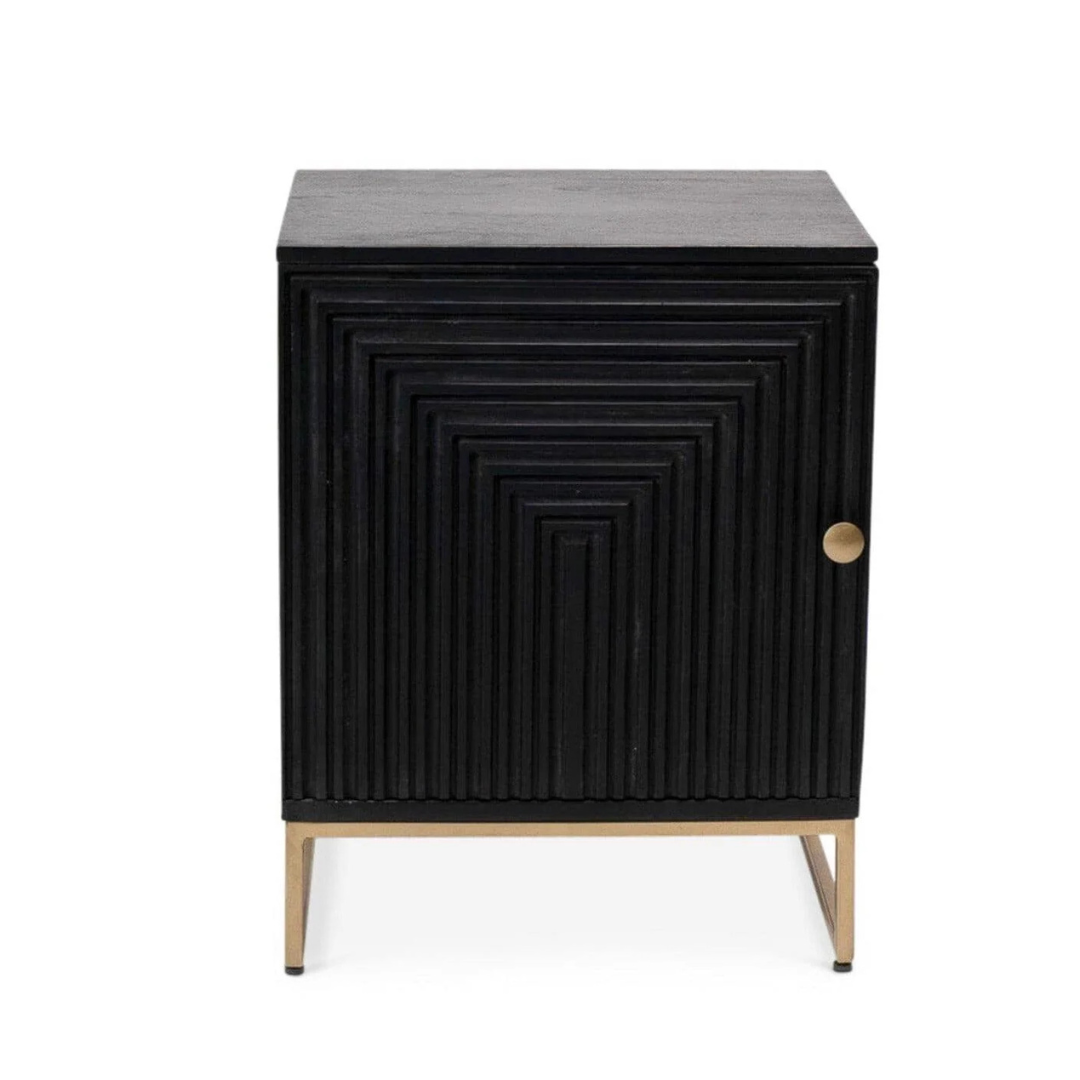 Black textured side table with gold legs on a white background