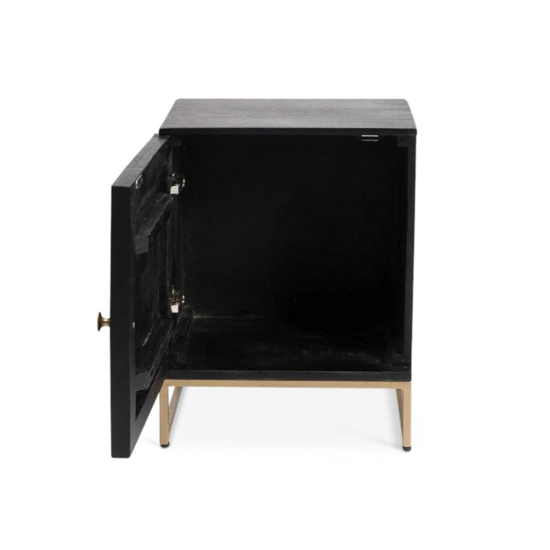 Black cabinet with open door on a white background
